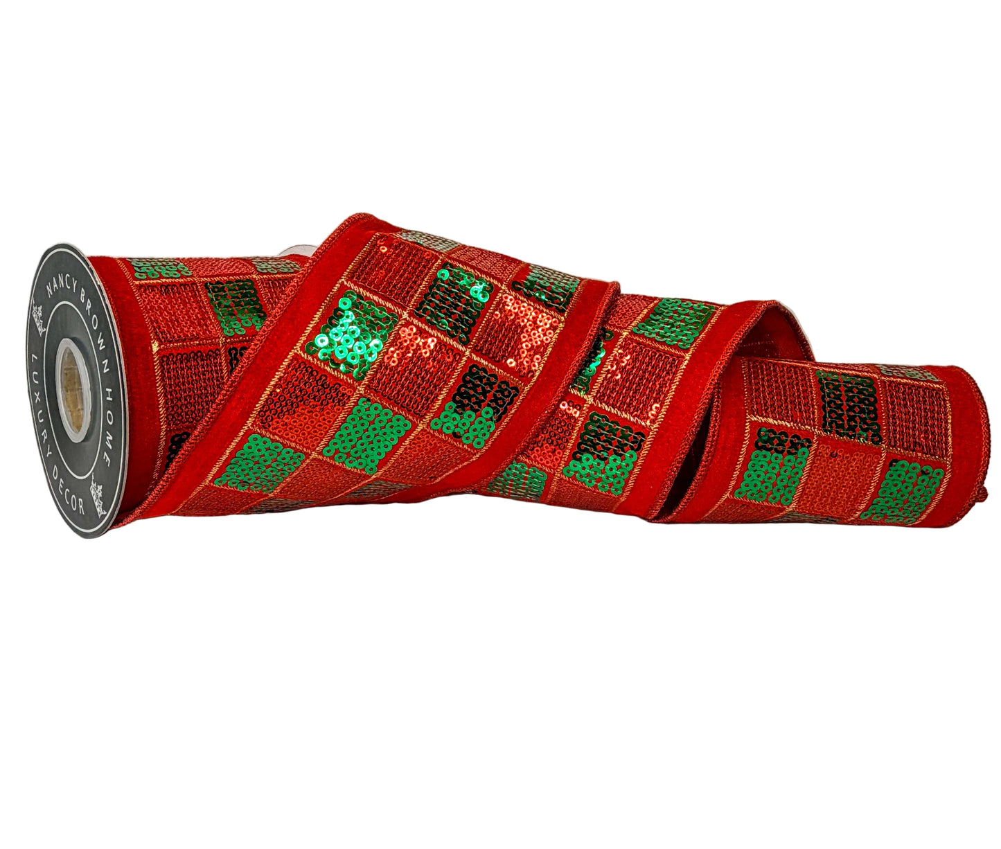 Pre-Order 2026-Sequins Green and Red Check Embroidered Velvet Double Faced Wired Ribbon 4" x 5Y