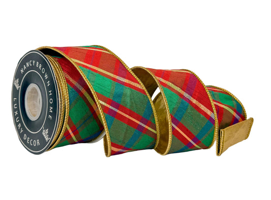 Pre-Order 2026-Bias Dupioni Red Green and Gold Plaid Double Faced Metallic Dupioni Back Wired Ribbon 2.5" x 10Y