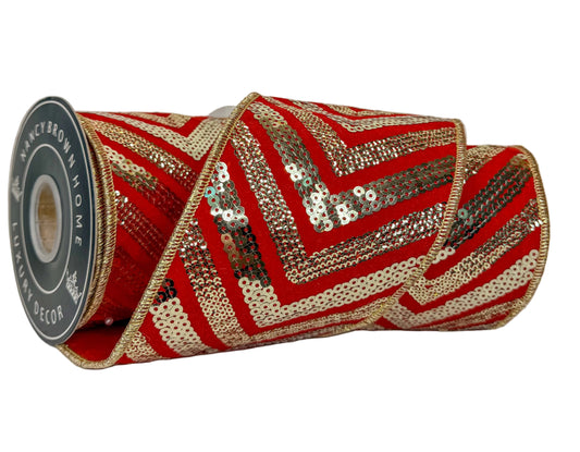 Pre-Order 2026-Red and Gold Sequin Velvet Embroidered Double faced Wired Ribbon