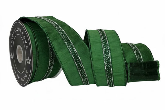Pre-Order 2026-Green 2.5 x 10Y Beaded Herringbone Trim Double Sided Wired Ribbon