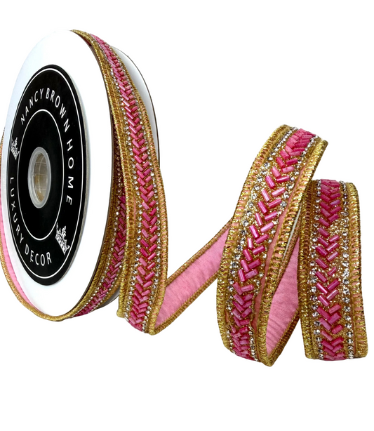Pre-Order 2026- Pink & Gold Beaded Trim Double Faced Dupioni Jeweled Ribbon 1"x10Y