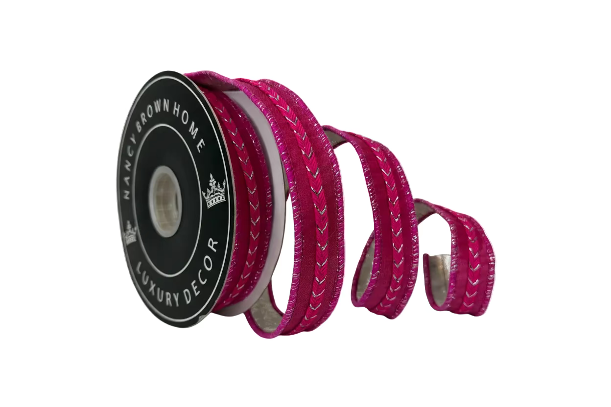 Pre-Order 2026 -Hot Pink Braid 1”x 10Y with Metallic Silver Backing Double Sided Wired Ribbon