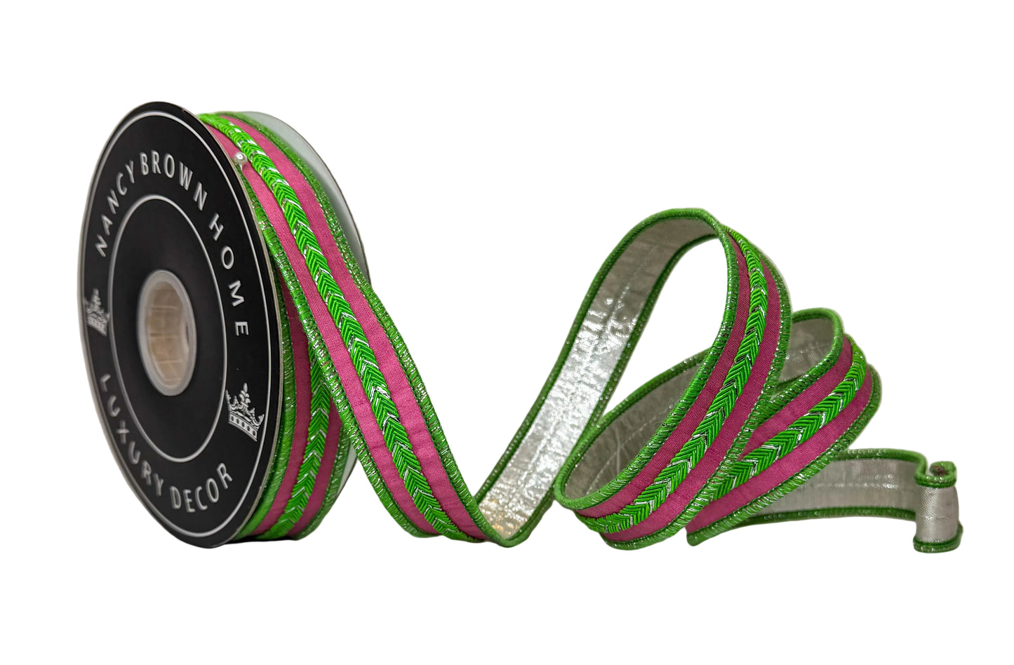 Pre-Order 2026-Pink and Green Braided 1" x 10Y Double Faced Metallic Back Wired Ribbon