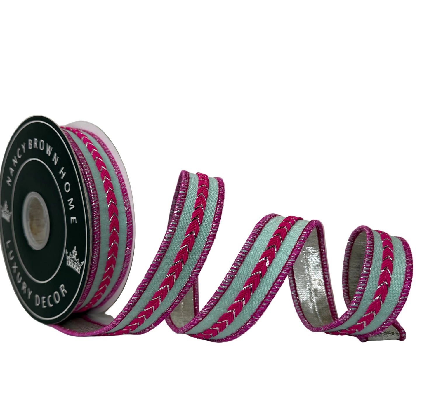 Pre-Order 2026-Hot Pink & Blue Braid 1”x 10Y with Metallic Silver Backing Double Sided Wired Ribbon