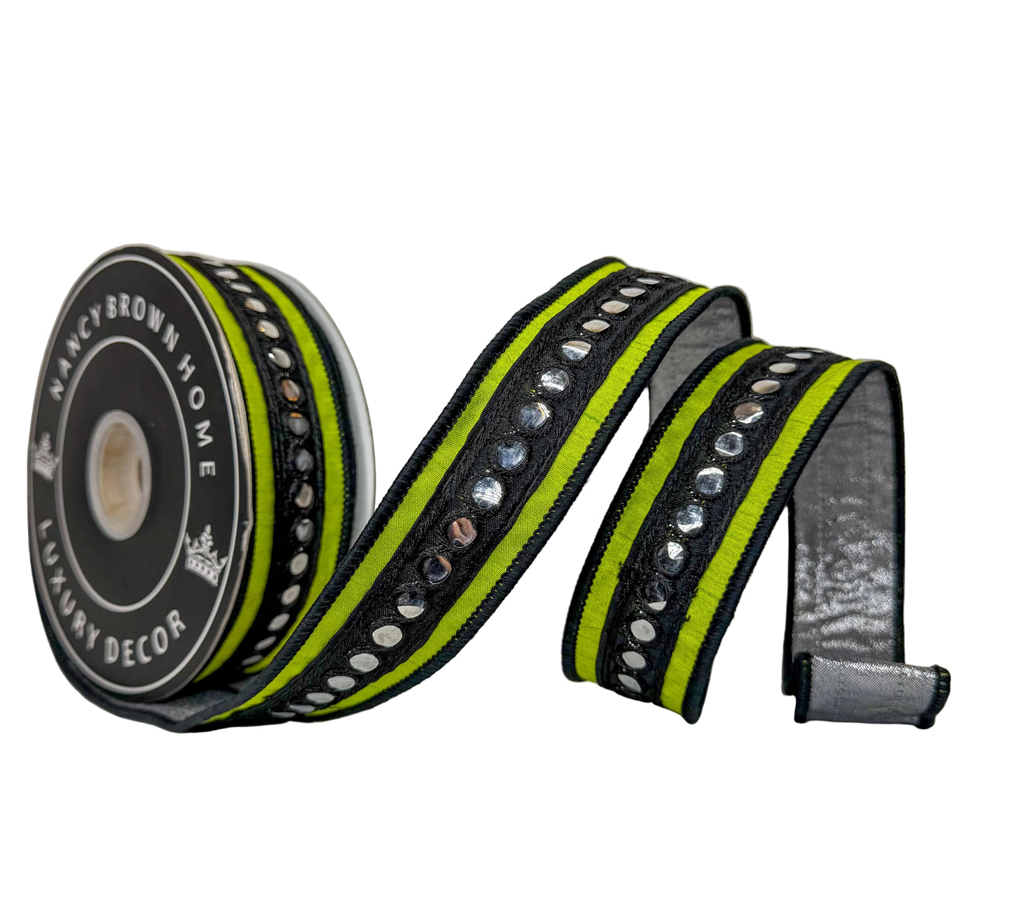 Pre-Order 2026- 1.5” x 10Y Lime Green and Silver Dots Double Sided Wired Ribbon