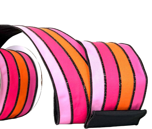 Pre-Order 2026- The Ba Bam Collection- Striped Pink, Orange, and Black Double-Faced Wired Ribbon 4"x5Y RIBBON