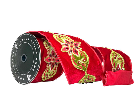 Pre-Order 2026-Maison Rouge Red Velvet and Green Embroidery with Gems Double Sided Wired 4"x5Y