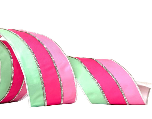 Pre-Order 2026- The Ba Bam Collection- PINK/MINT Platinum Bling Stripe  4"x5Y RIBBON