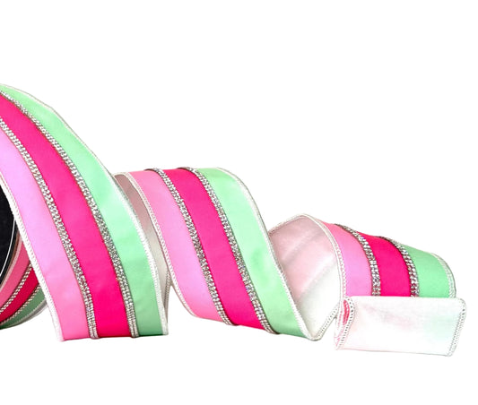 Pre-Order 2026- The Ba Bam Collection- Pink and Mint Platinum Bling Stripe Double-Faced Wired Ribbon 2.5"x5Y RIBBON