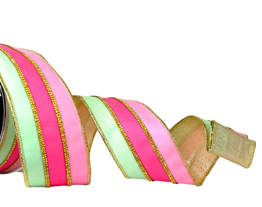 Pre-Order 2026- The Ba Bam Collection- PINK/MINT Gold Bling Stripe  2.5"x5Y RIBBON