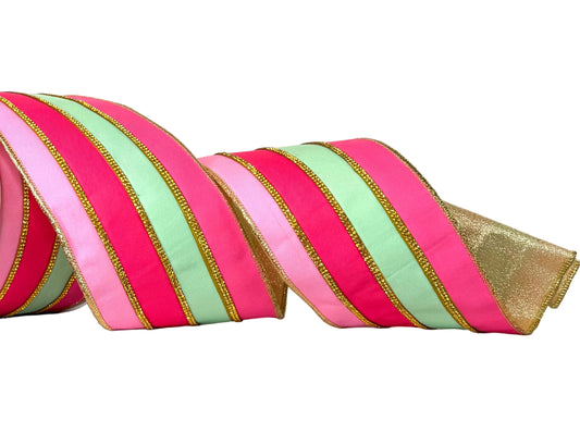 Pre-Order 2026- The Ba Bam Collection- PINK/MINT Gold Bling Stripe  4"x5Y RIBBON