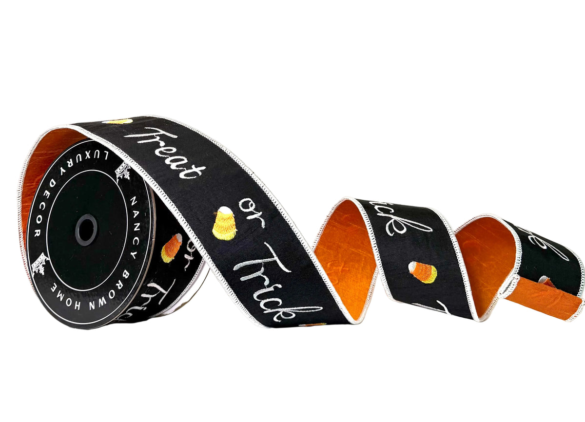 Pre-Order 2026-Little Frights & Delights Black Trick or Treat Double-Faced Wired Ribbon 2.5"x5Y