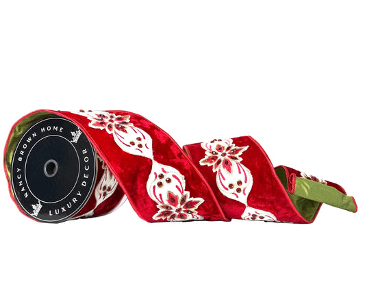 Pre-Order 2026- Maison Rouge Red Velvet and White Embroidery with Gems Double Sided Wired 4"x5Y