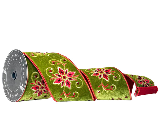 Pre-Order 2026- Maison Rouge Green Velvet and Embroidery with Gems Double-Faced Wired 4"x5Y