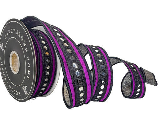 Pre-Order 2026- 1.5”x 10Y  Purple and Silver Dots Double Sided Wired Ribbon