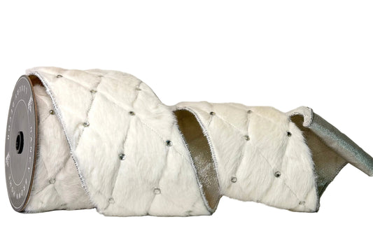 Pre-Order 2026- White Fur with Bling Ribbon Doublesided 4"x5Y Wired Ribbon