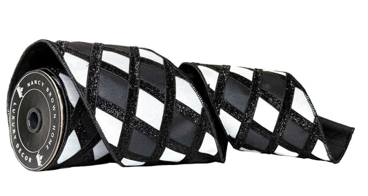 Pre-Order 2026- Black & White Lux Harlequin Double Faced Wired Ribbon