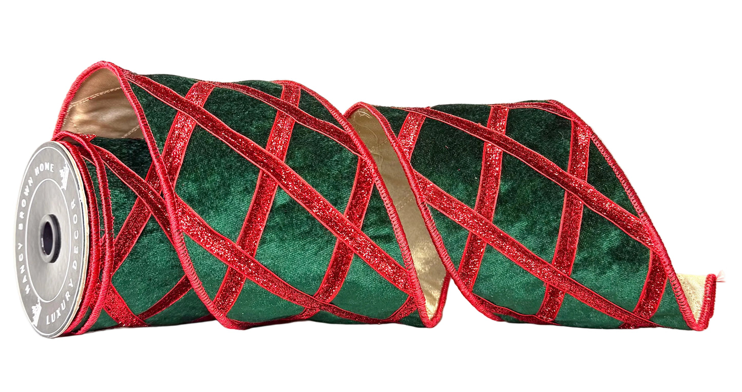 Pre-Order 2026- Green/Red Velvet Harlequin Lux Doublesided Wired Ribbon