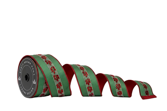 Pre-Order 2026- Shimmer & Shine Green with Red Trim 2.5" x 5Y  Double Faced Wired Ribbon