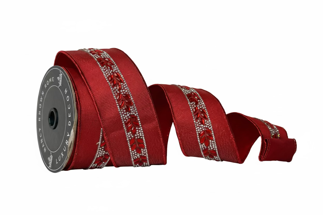 Pre-Order 2026- Shimmer & Shine Red Trim on Red Double Faced Wired Ribbon 2.5" x 5Y