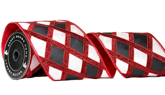 Pre-Order 2026- Red/Black/White Velvet Harlequin Lux Double Faced Wired Ribbon
