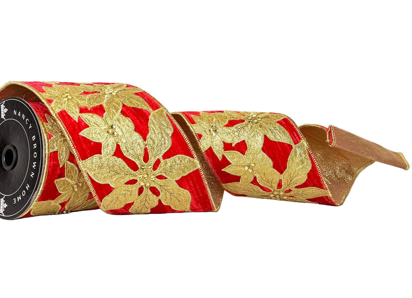 Pre-Order 2026- Red & Gold Flower Ribbon Doublesided 4"x5Y Wired Ribbon