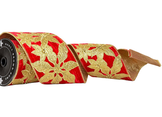 Pre-Order 2026- Red & Gold Flower Ribbon Doublesided 4"x5Y Wired Ribbon