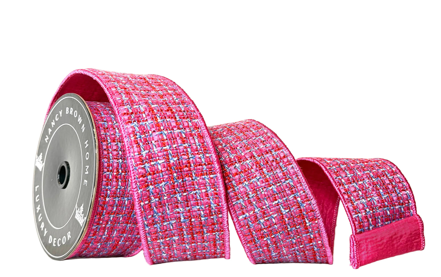 Pre-Order 2026- Hot Pink /Blue Tweed  Piping and Backing Double-sided Wired Ribbon 2.5" x10Y