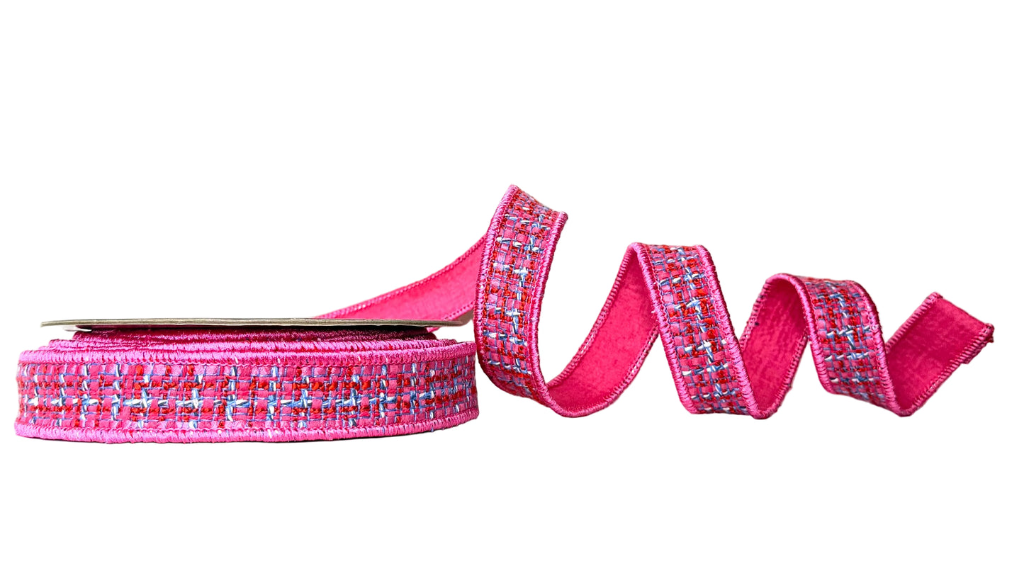 Pre-Order 2026- Hot Pink Tweed  Piping and Backing Double Faced Wired Ribbon