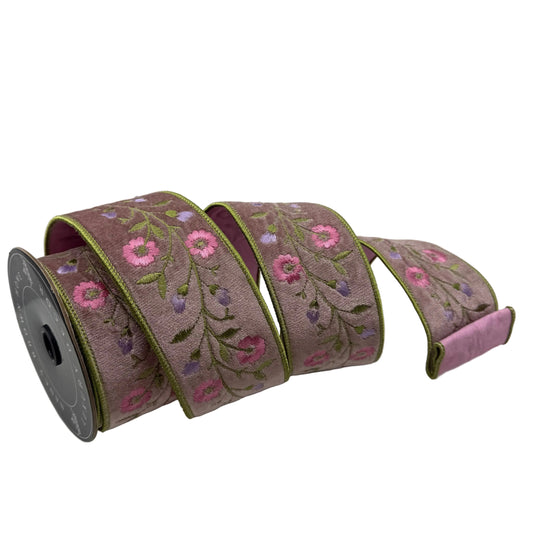 Pre-Order Spring 2027- Mauve Velvet Floral Embroidered Wired Ribbon 2.5" x 5Y