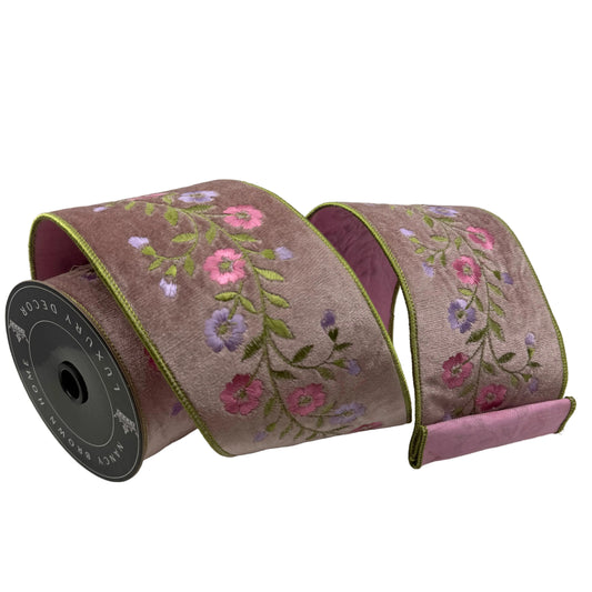 Pre-Order Spring 2027- Mauve Velvet Floral Embroidered Wired Ribbon 4" x 10Y