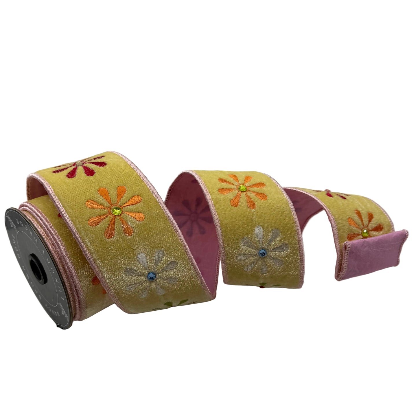 Pre-Order Spring 2027-Yellow Velvet Daisy Embroidered Wired Ribbon-2.5"x5Y