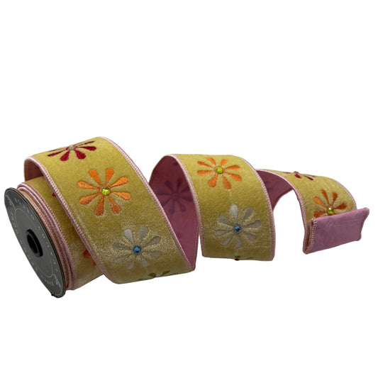 Pre-Order Spring 2027-Yellow Velvet Daisy Embroidered Wired Ribbon-2.5"x5Y