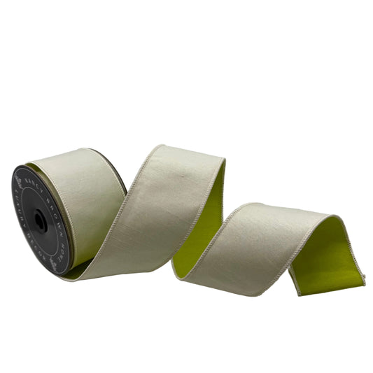 Pre-Order Spring 2027-Ivory & Olive Reversible Wired Ribbon-2.5"x10Y
