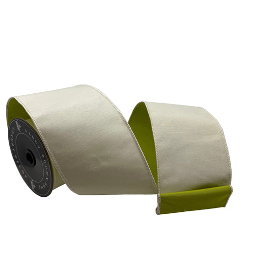 Pre-Order Spring 2027-Ivory & Olive Reversible Wired Ribbon-4"x10Y