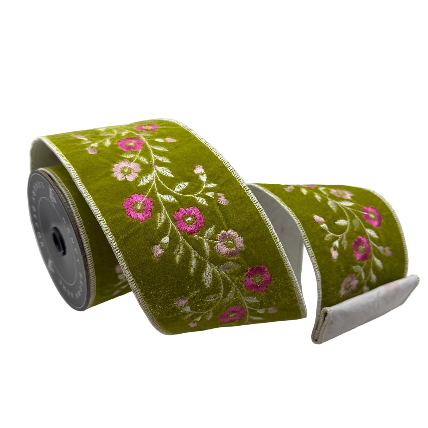 Pre-Order Spring 2027- Olive Velvet Floral Embroidered Wired Ribbon 4" x 10Y