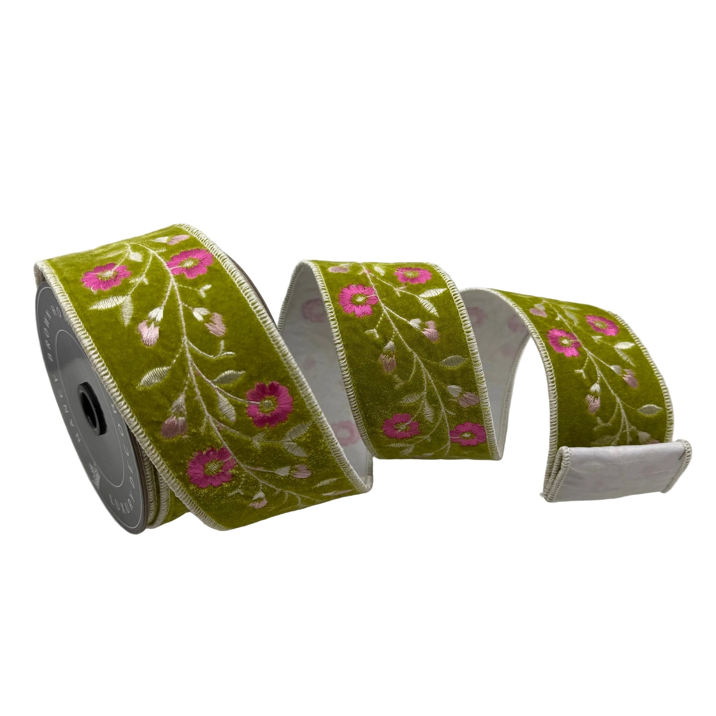Pre-Order Spring 2027- Olive Velvet Floral Embroidered Wired Ribbon 2.5" x 10Y