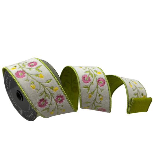 Pre-Order Spring 2027-  White Velvet Floral Embroidered Wired Ribbon 2.5" x 10Y