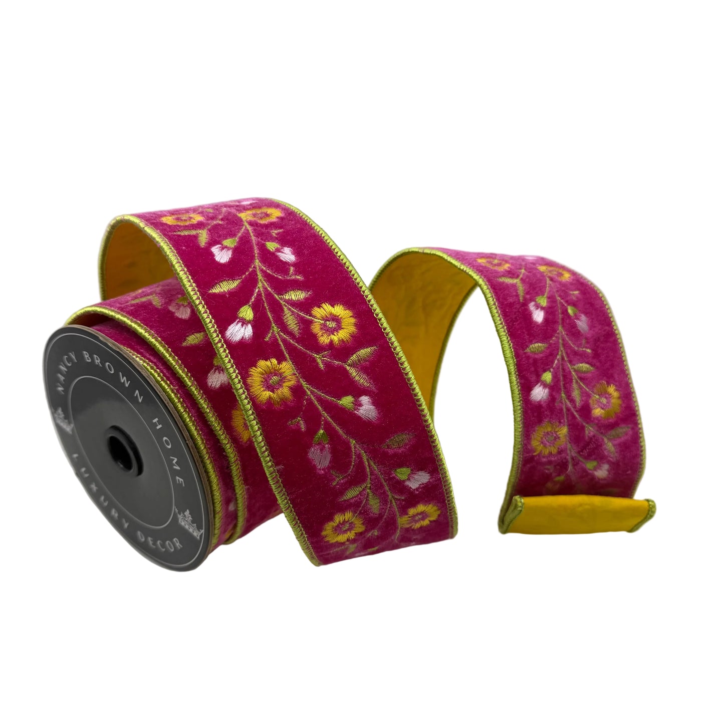 Pre-Order Spring 2027-  Fuchsia Velvet Floral Embroidered Wired Ribbon 2.5" x 10Y