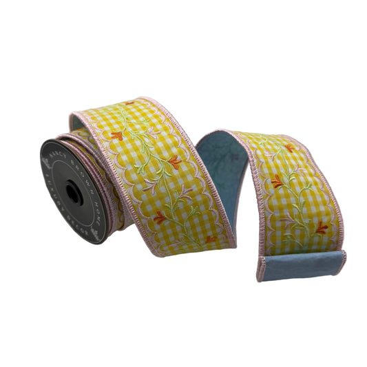 Pre-Order Spring 2027-Yellow Gingham Floral Embroidered Wired Ribbon-2.5."x5Y