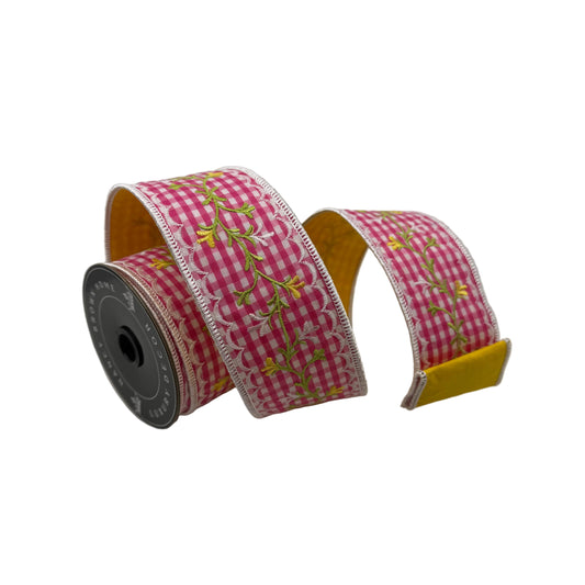 Pre-Order Spring 2027-Pink Gingham Floral Vine Wired Ribbon-2.5"x5Y