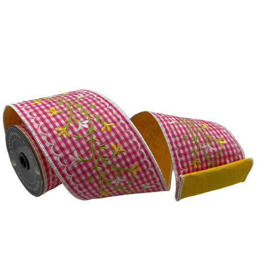 Pre-Order Spring 2027-Pink Gingham Floral Vine Wired Ribbon-4"x5Y