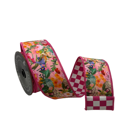 Pre-Order Spring 2027-Pink Garden Floral Check Wired Ribbon-2.5"x10Y