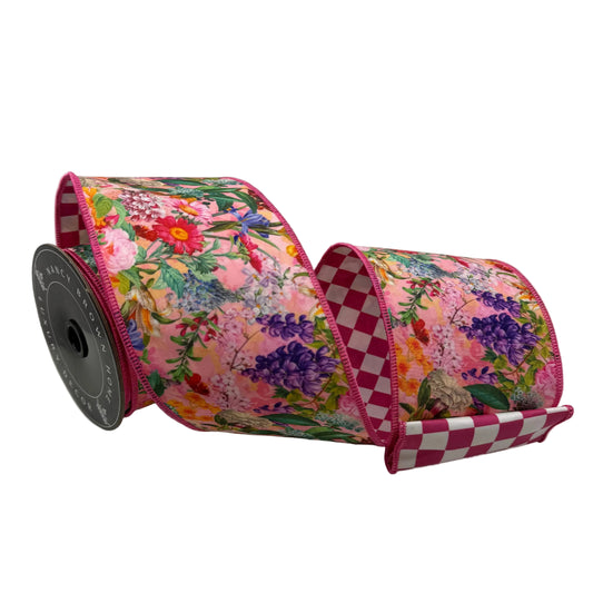 Pre-Order Spring 2027-Pink Garden Floral Check Wired Ribbon-4"x10Y