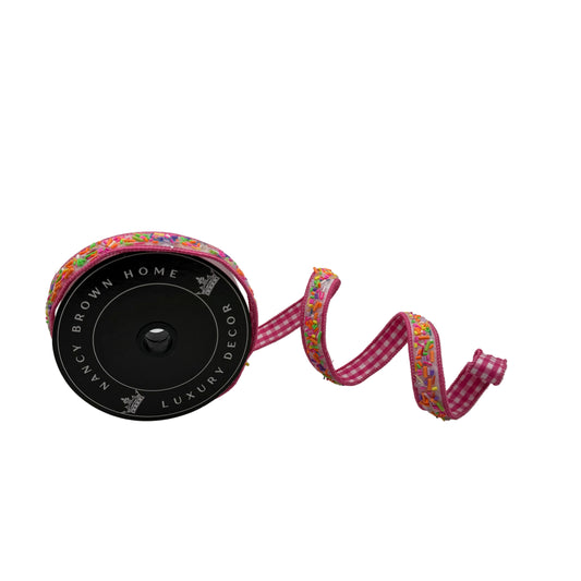 Pre-Order Spring 2027-Pink Gingham Sprinkle Wired Ribbon-1."x5Y