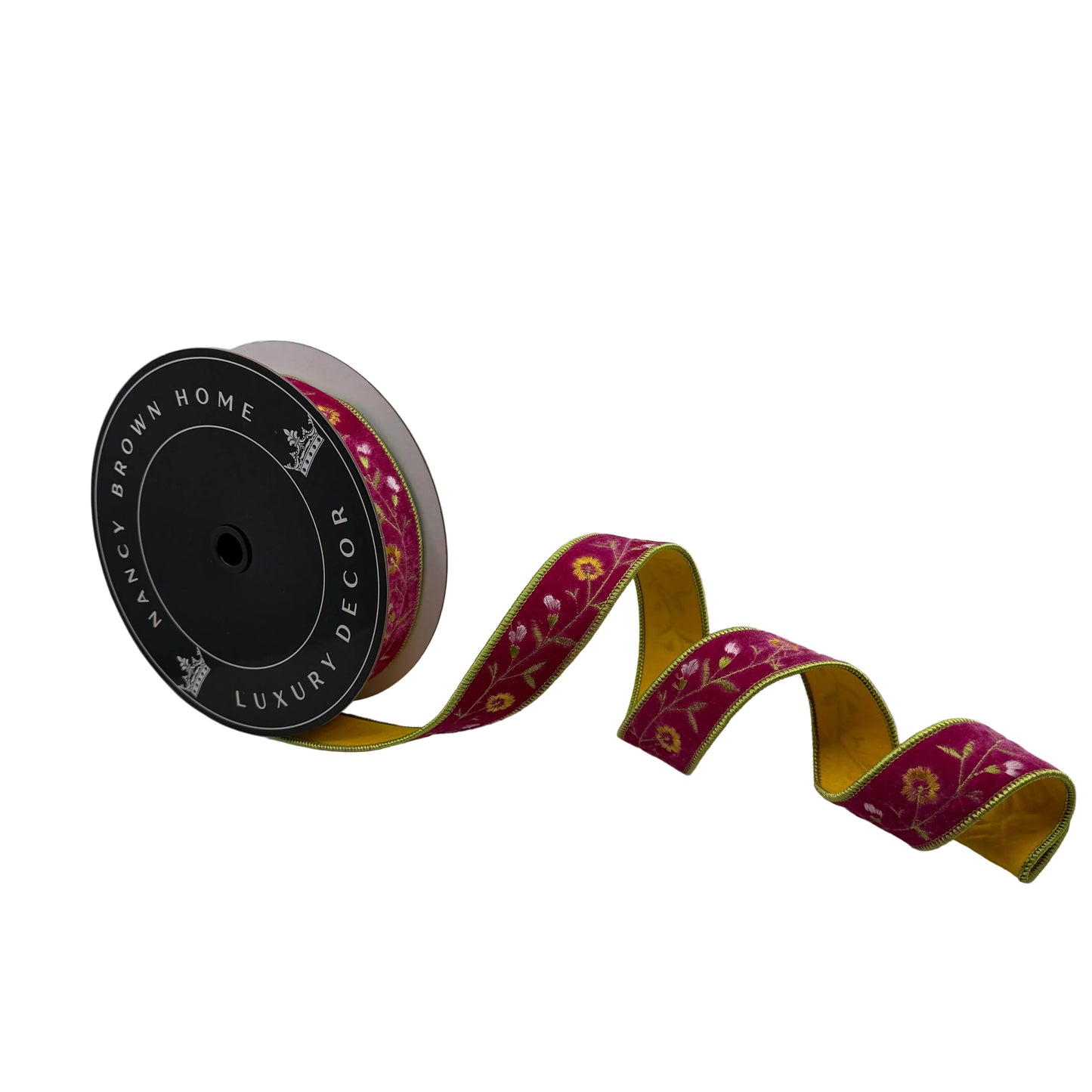 Pre-Order Spring 2027-  Fuchsia Velvet Floral Embroidered Wired Ribbon 1.5" x 10Y