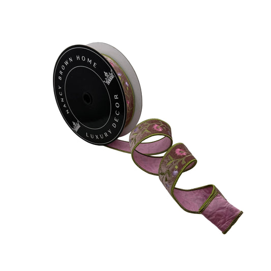 Pre-Order Spring 2027- Mauve Velvet Floral Embroidered Wired Ribbon 1.5" x 10Y