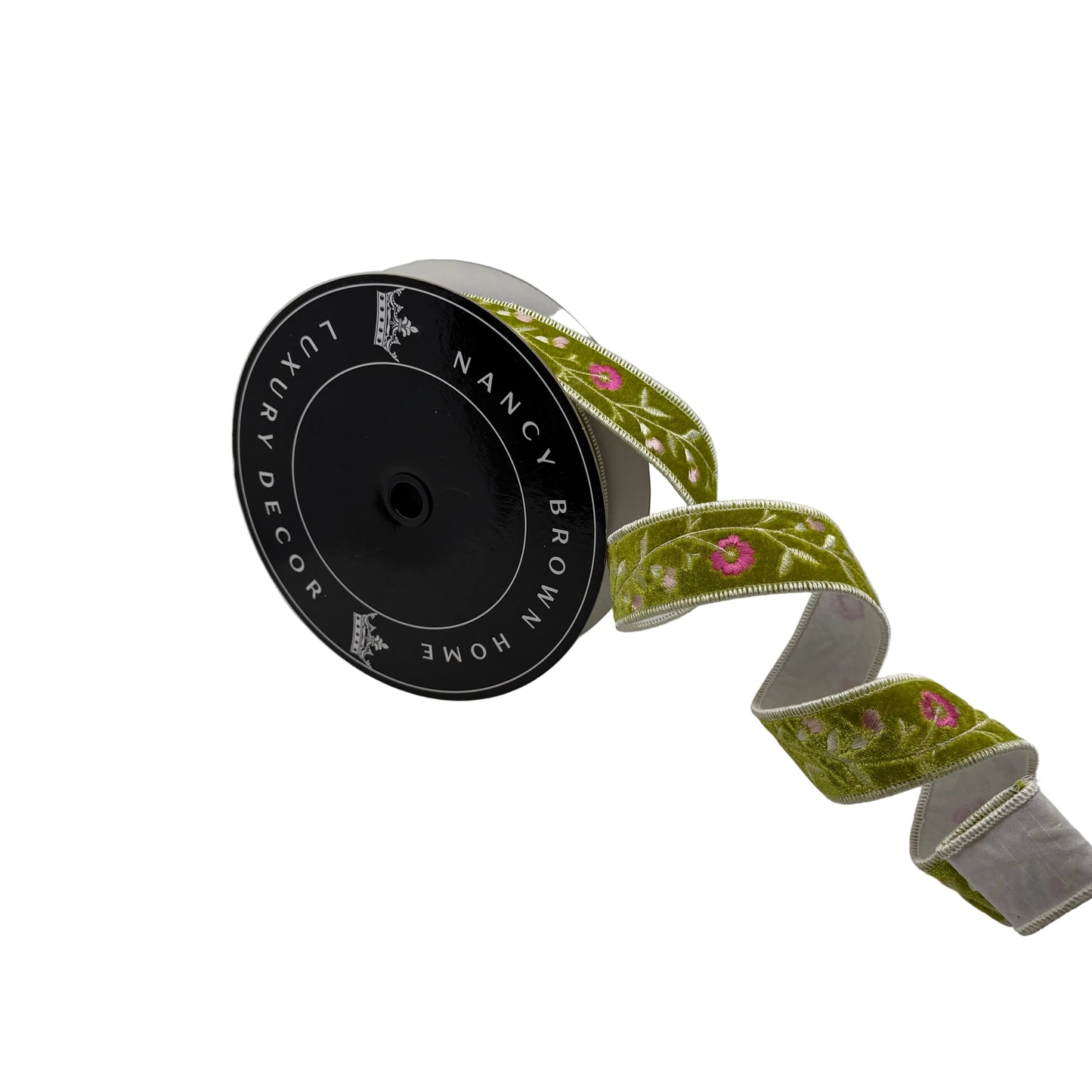 Pre-Order Spring 2027-  Olive Velvet Floral Embroidered Wired Ribbon 1.5" x 10Y
