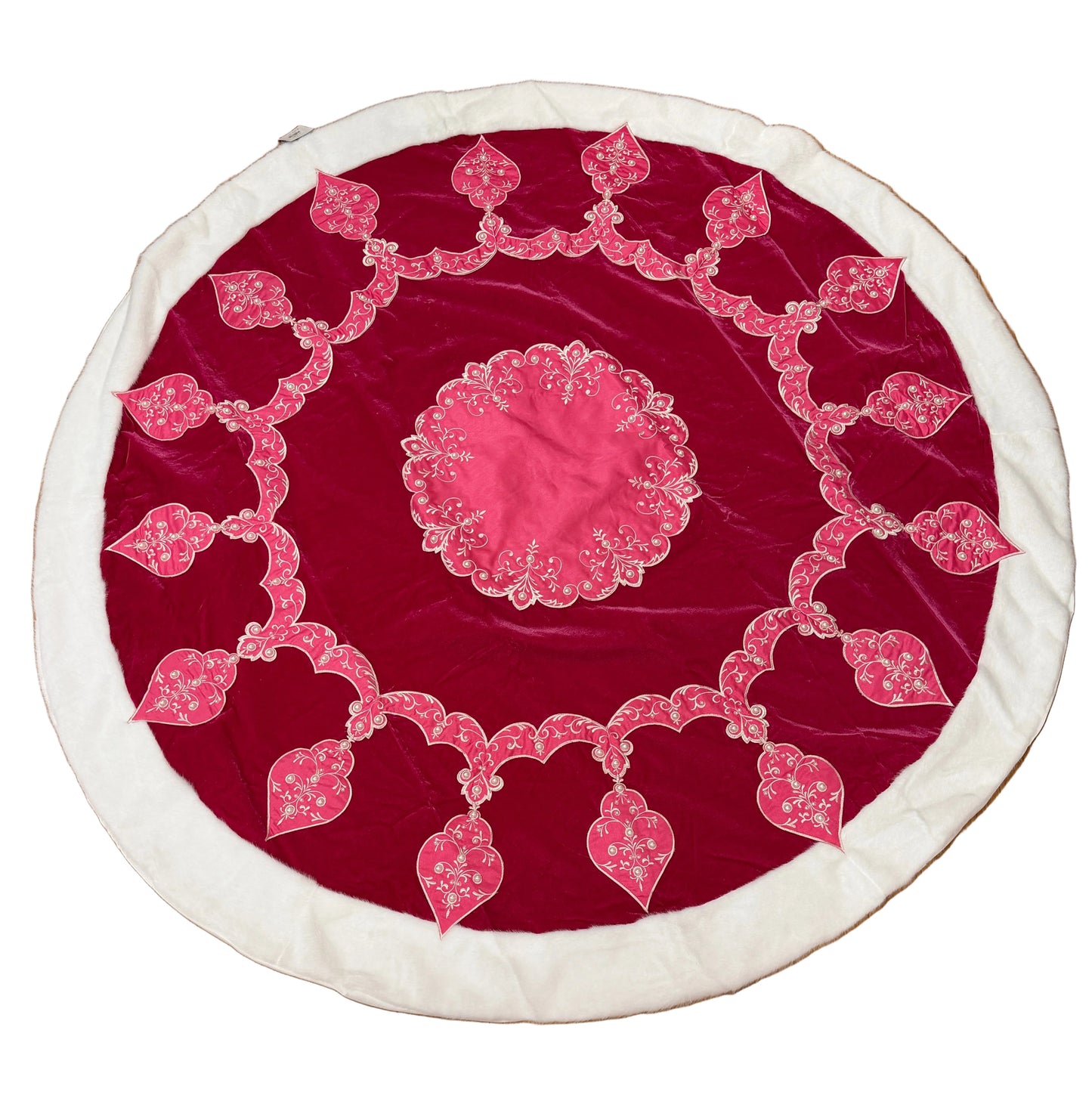 Pre-Order 2026- The Pink Palace Collection- Hot Pink Velvet, Pearls and Soft White Faux Fur Trim Table Overlay