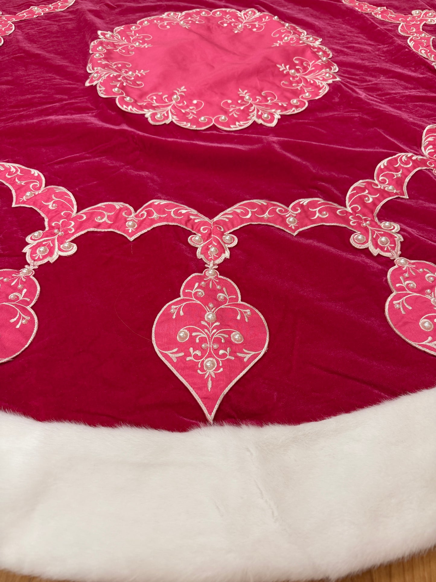 Pre-Order 2026- The Pink Palace Collection- Hot Pink Velvet, Pearls and Soft White Faux Fur Trim Table Overlay